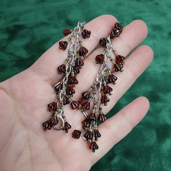 Bracelet 6.75" Beaded Charm Earrings Set Handmade Red Czech Glass Flower Dangle - Picture 5 of 11
